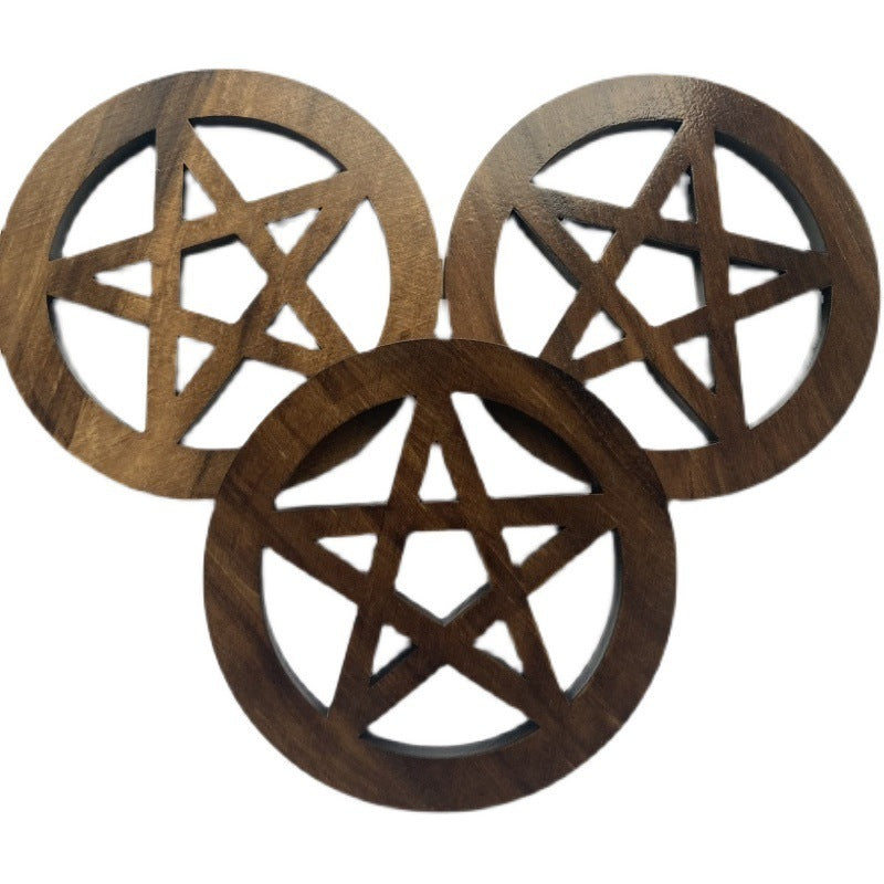 Wooden Pentagram Altar Mat - Hand-Carved Witch Ceremony Plate