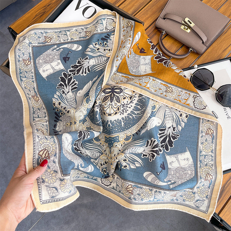 Silk Wool Scarf - Botanical Sketch Garden Print Luxury Wrap