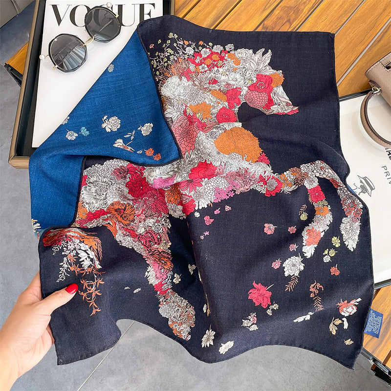 Silk Wool Scarf - Botanical Sketch Garden Print Luxury Wrap