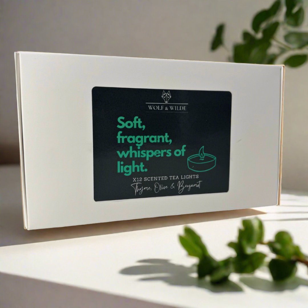 🕯️ Thyme, Olive & Bergamot Scented Tea Lights x12 - 6 Hour Burn Time ✨